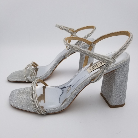 Badgley Mischka Firey Bejeweled Block Heel Sandals, Silver Glitter, Women's Sz 8 - Picture 8 of 16